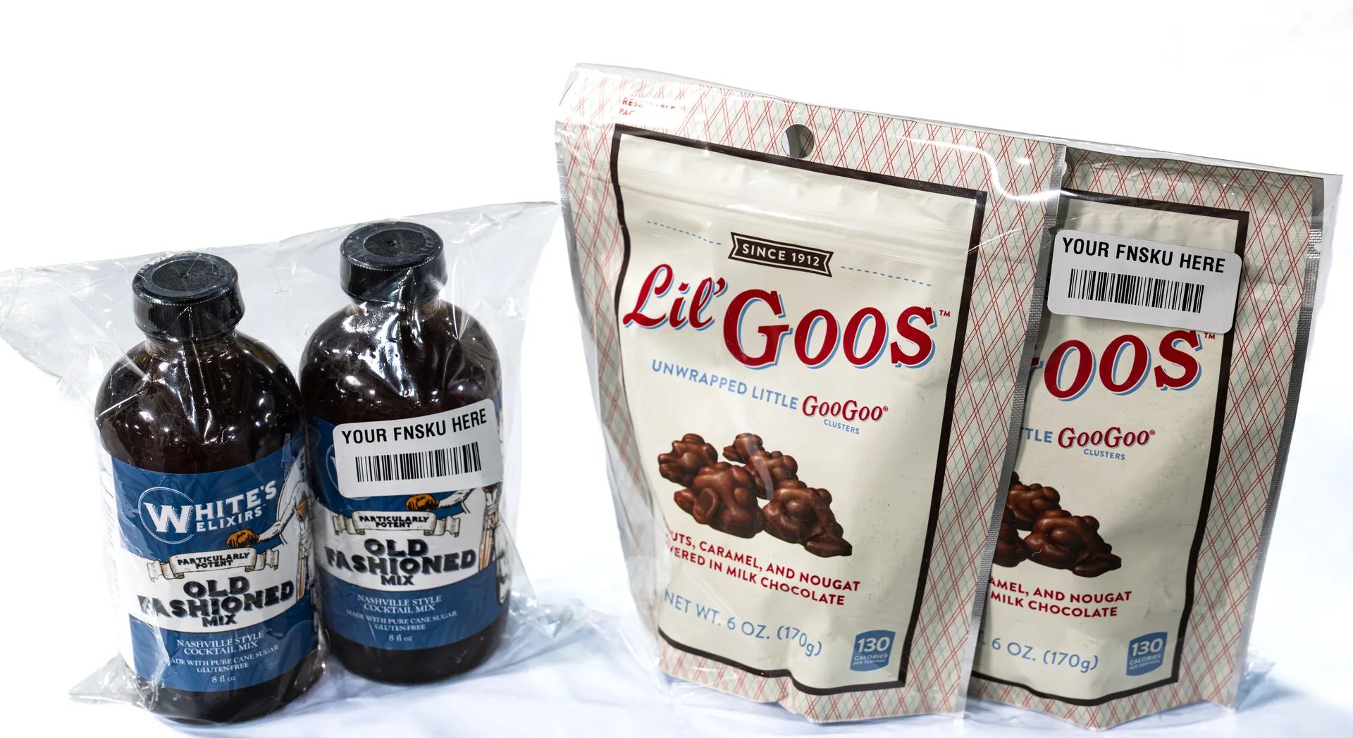 FNSKU-labeled products — poly-bagged bottle pair and snack pouches